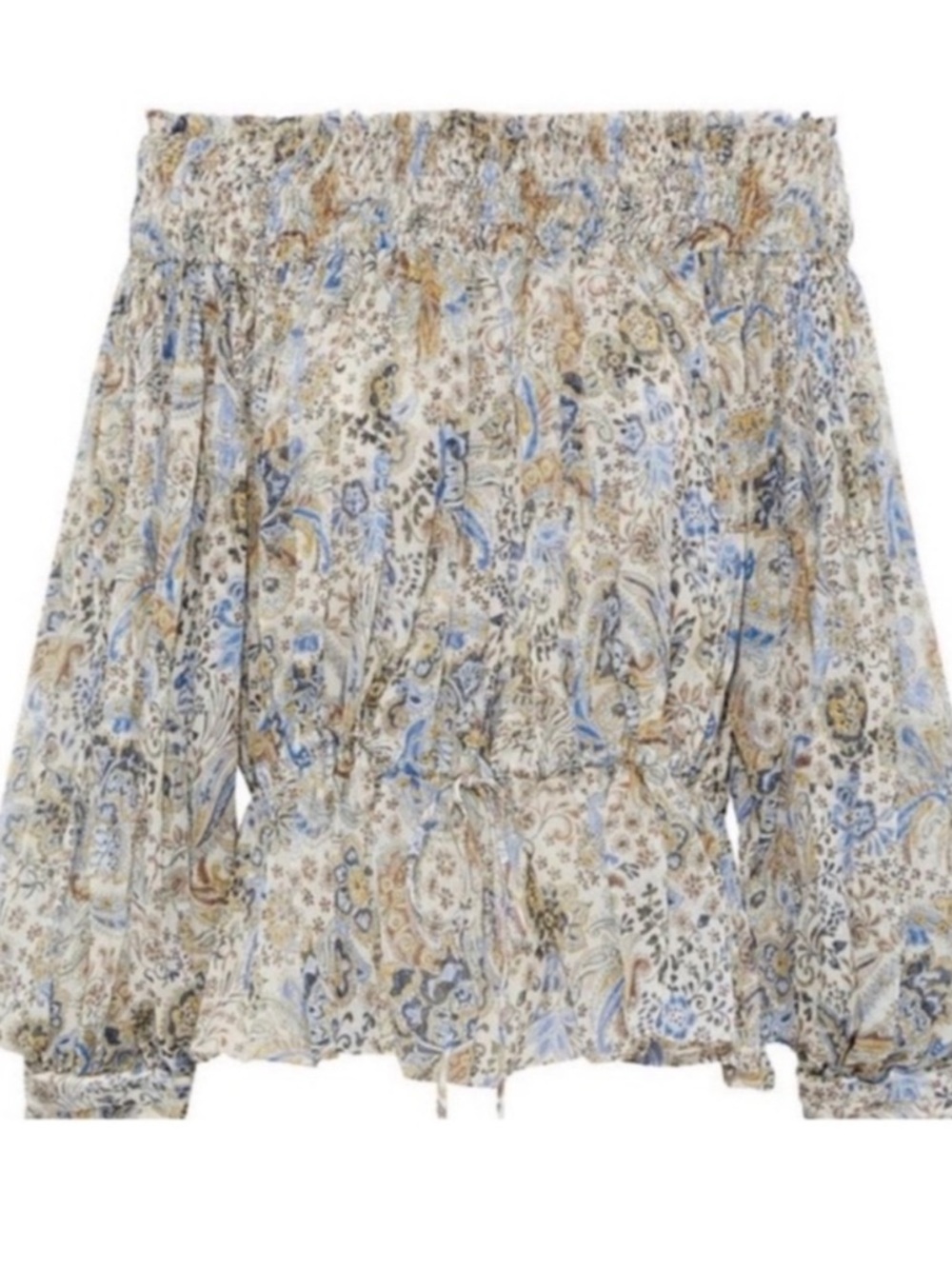 Redemption Silk Chiffon White Blue Beige Floral Print Paisley Smocked Blouse 8